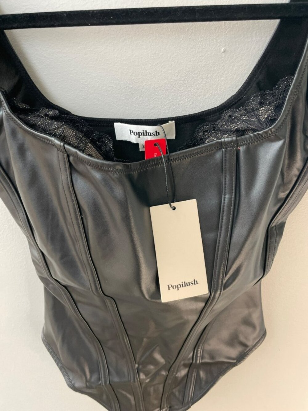 Popilush Shapewear Black Faux-Leather Bodysuit Built-in Bra Side Zip Size XS NWT - Picture 4 of 10